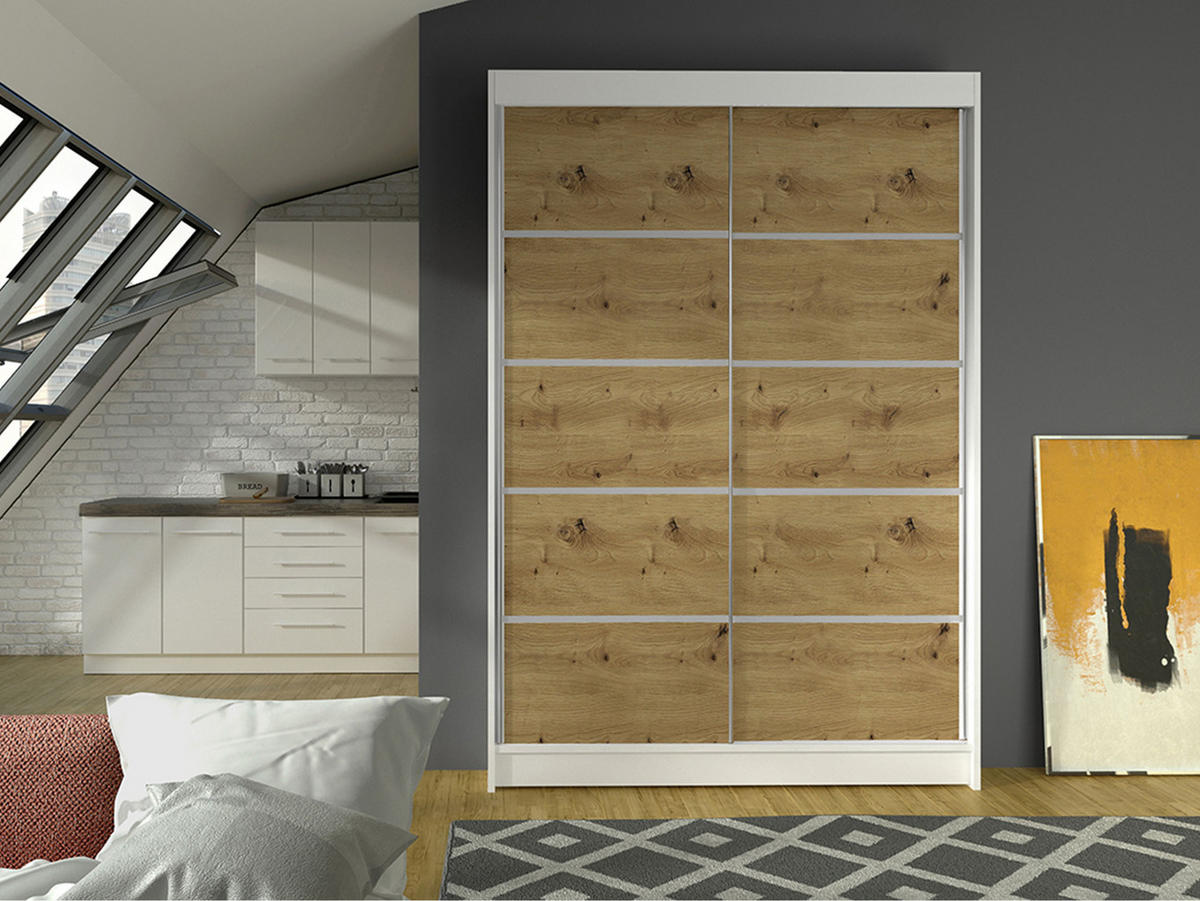 SCHWEBETÜRENSCHRANK Lino IV - Weiß/Eiche Artisan, Holzwerkstoff/Metall (120/200/58cm) - MIRJAN24