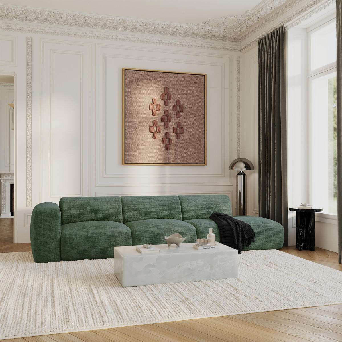 SOFA 5-Sitzer Gemusterter Samt Smaragdgrün 310cm - Smaragdgrün, Textil (310/73/96cm) - Sia Home