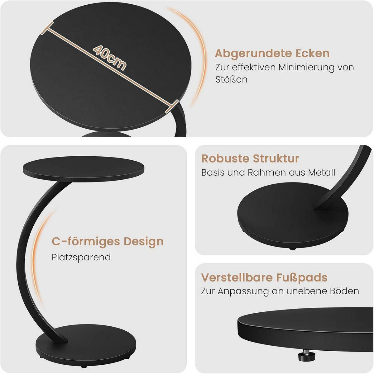 BEISTELLTISCH C Form, φ40xH65 cm, Schwarz - Schwarz, Holzwerkstoff/Metall (40/40/65cm) - Woltu