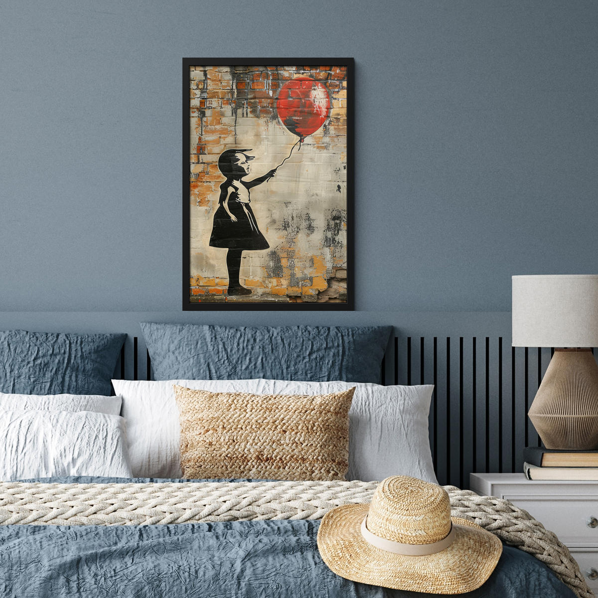 GERAHMTES BILD Graffiti - Banksy - Mädchen - Straßenkunst 40x60 cm - Sandfarben, Papier (40/60cm) - MuchoWow