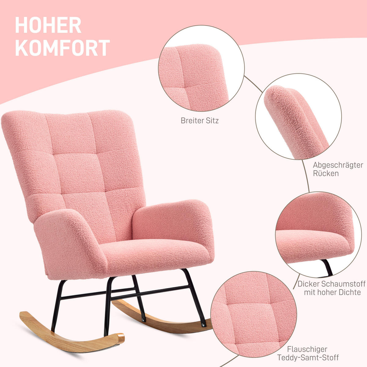 SCHAUKELSTUHL, Schaukelsessel mit Armlehne, Teddysamt-Optik, Rosa - Rosa, Textil (70/100/94cm) - HOMCOM