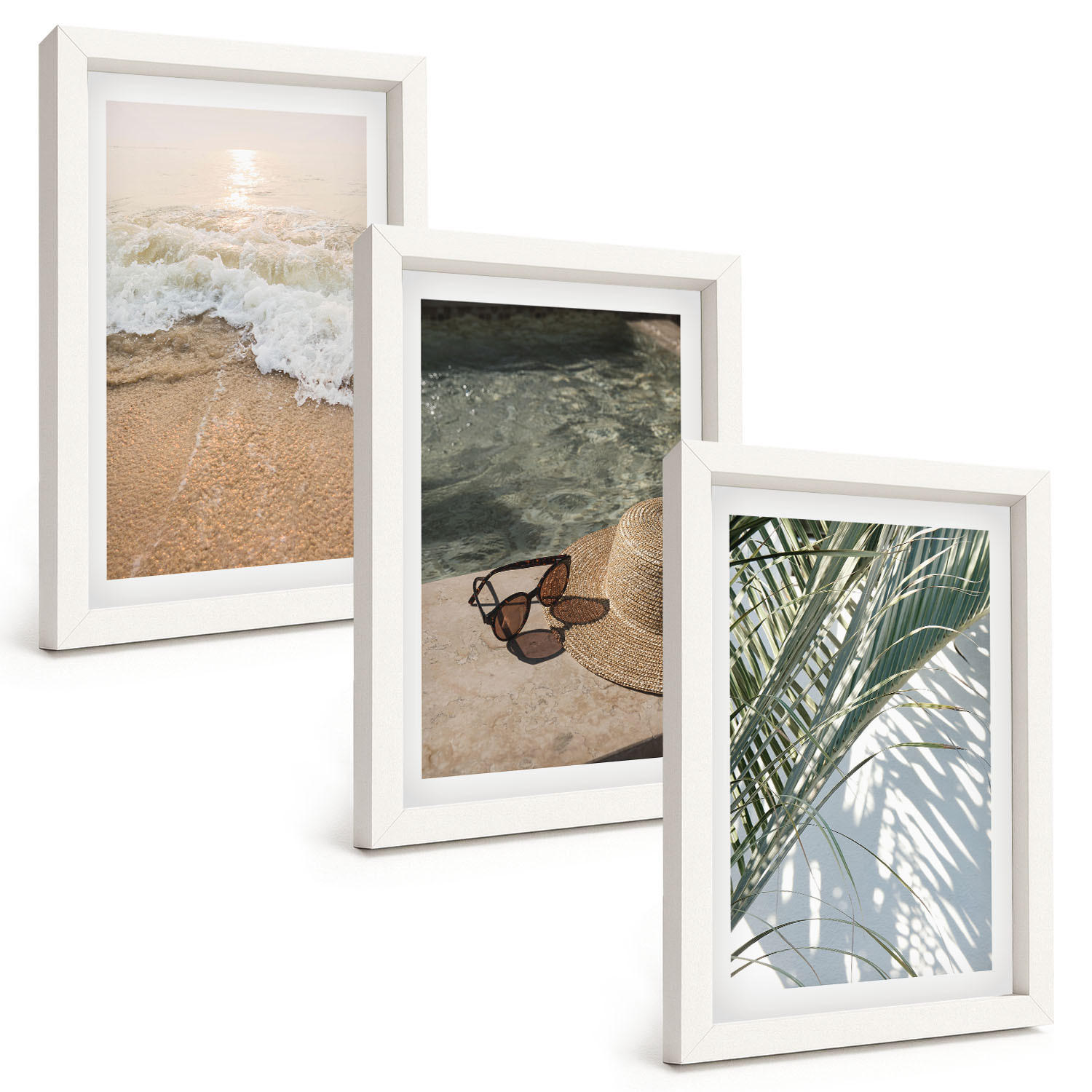 BILDER SET 3er Set - 20x30 cm Weißer Rahmen - Strandhut und Sonnenbrille - Weiß, Kunststoff (20/30cm) - TULUP