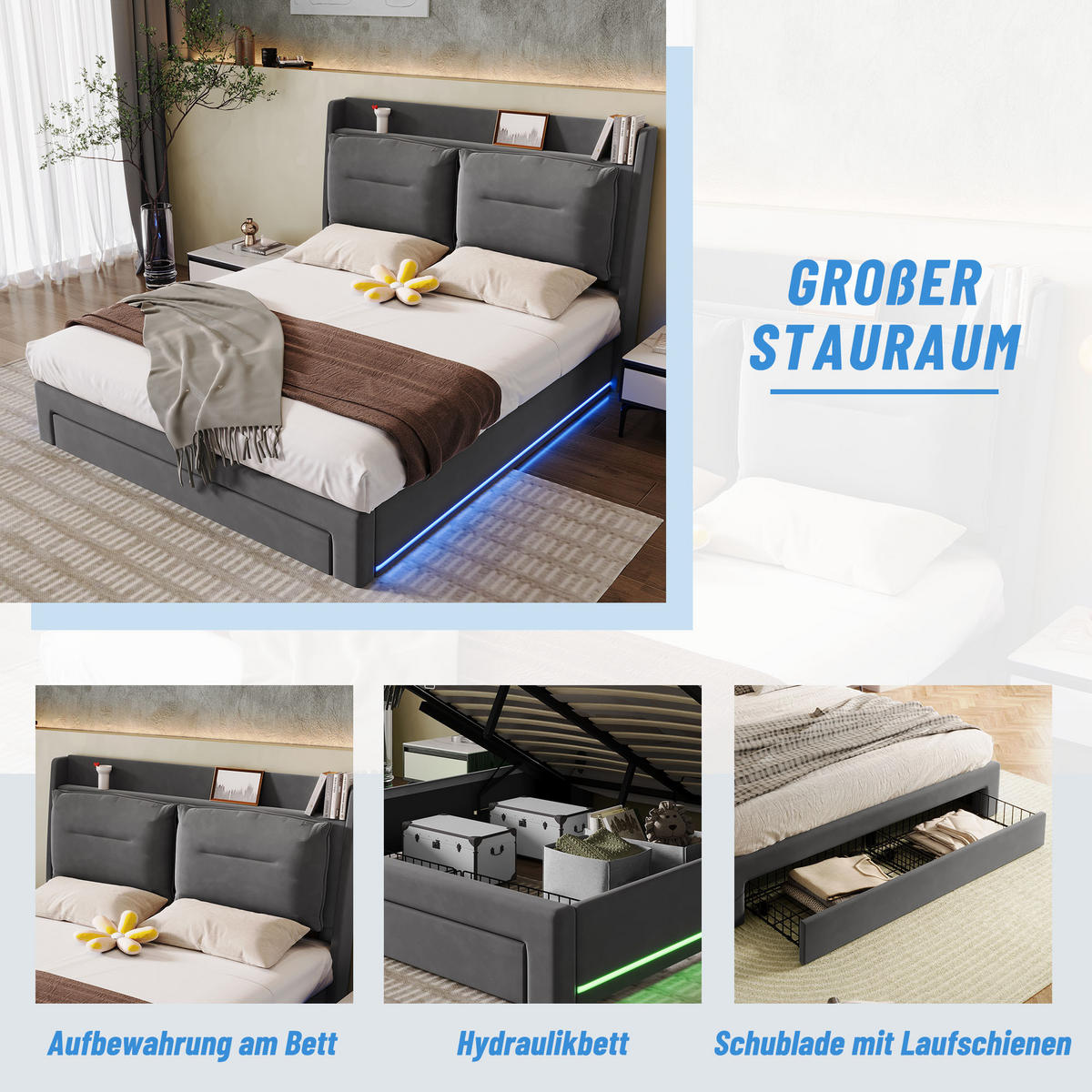 POLSTERBETT 180/200 cm Dunkelgrau mit hydraulischem Bettkasten und LED-Beleuchtung - Dunkelgrau, Textil (180/200cm) - OKWISH