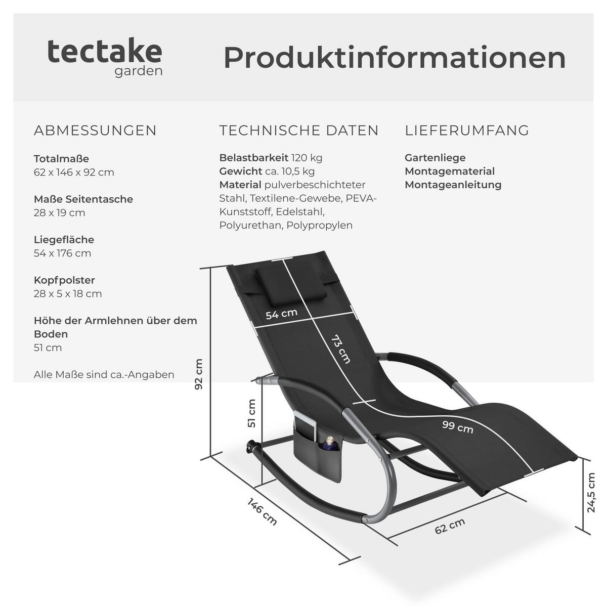GARTENLIEGE Taya,abnehmbares Kopfpolster, seitliche Aufbewahrungstasche,schwarz - Schwarz, Kunststoff (62/92/142cm) - tectake