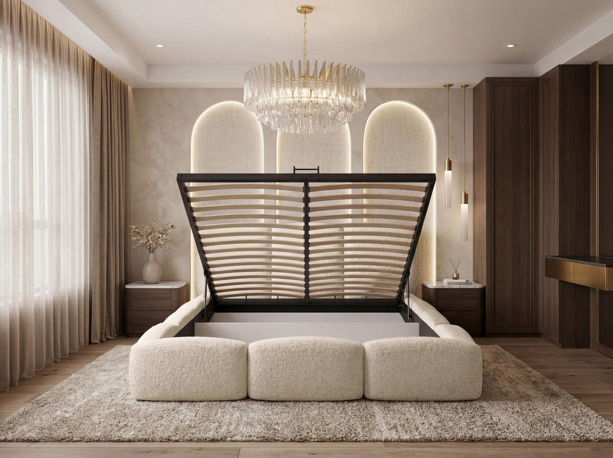 POLSTERBETT Harmony mit Bettkasten, Creme Boucle 200x200 cm - Birkefarben/Creme, Holzwerkstoff/Kunststoff (200/200cm) - WFL GROUP