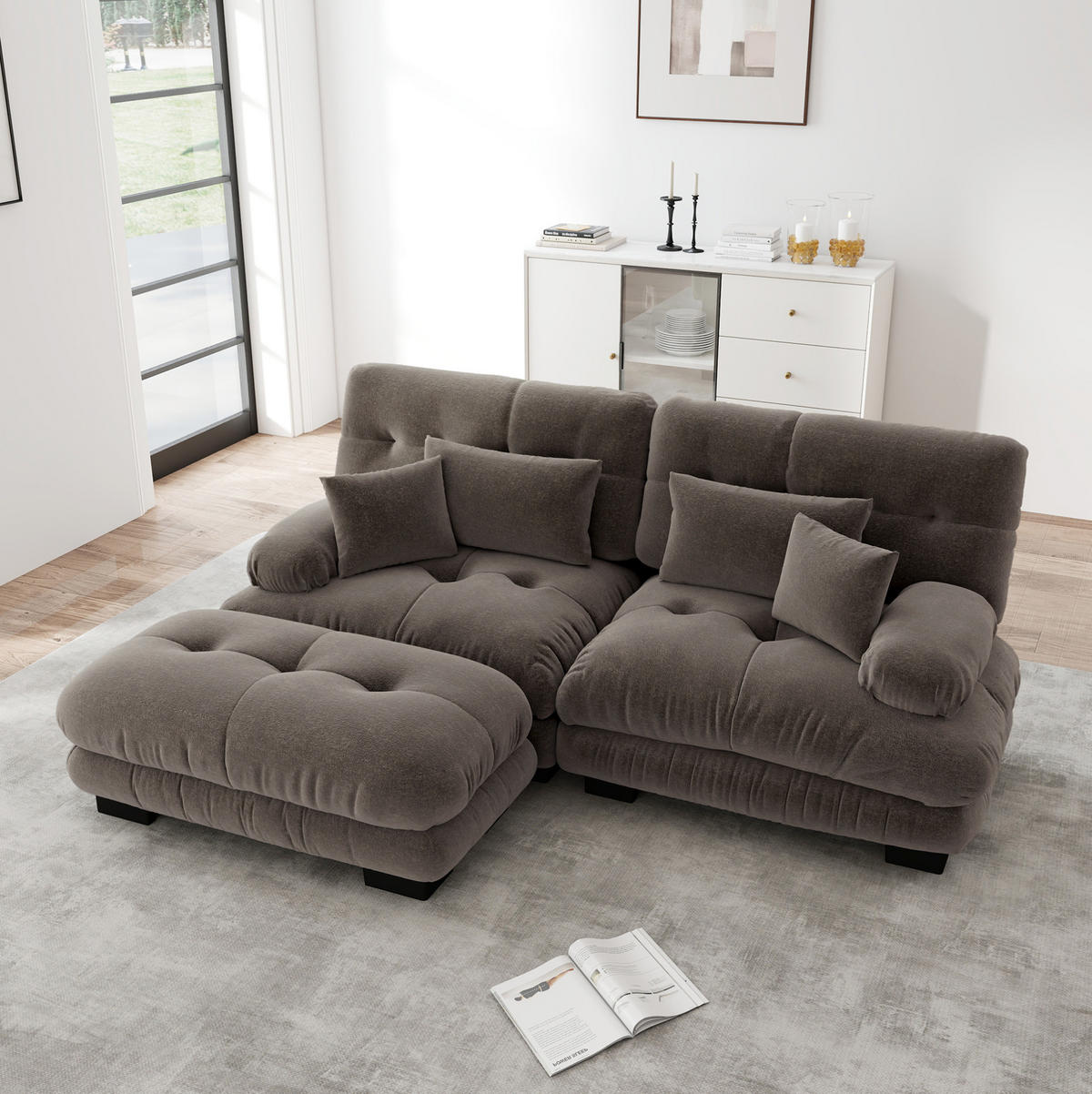ECKSOFA 220/145/81 cm braun aus Chenille mit modularer Ottomane und Kissen - Braun, Textil (145/220cm) - OKWISH