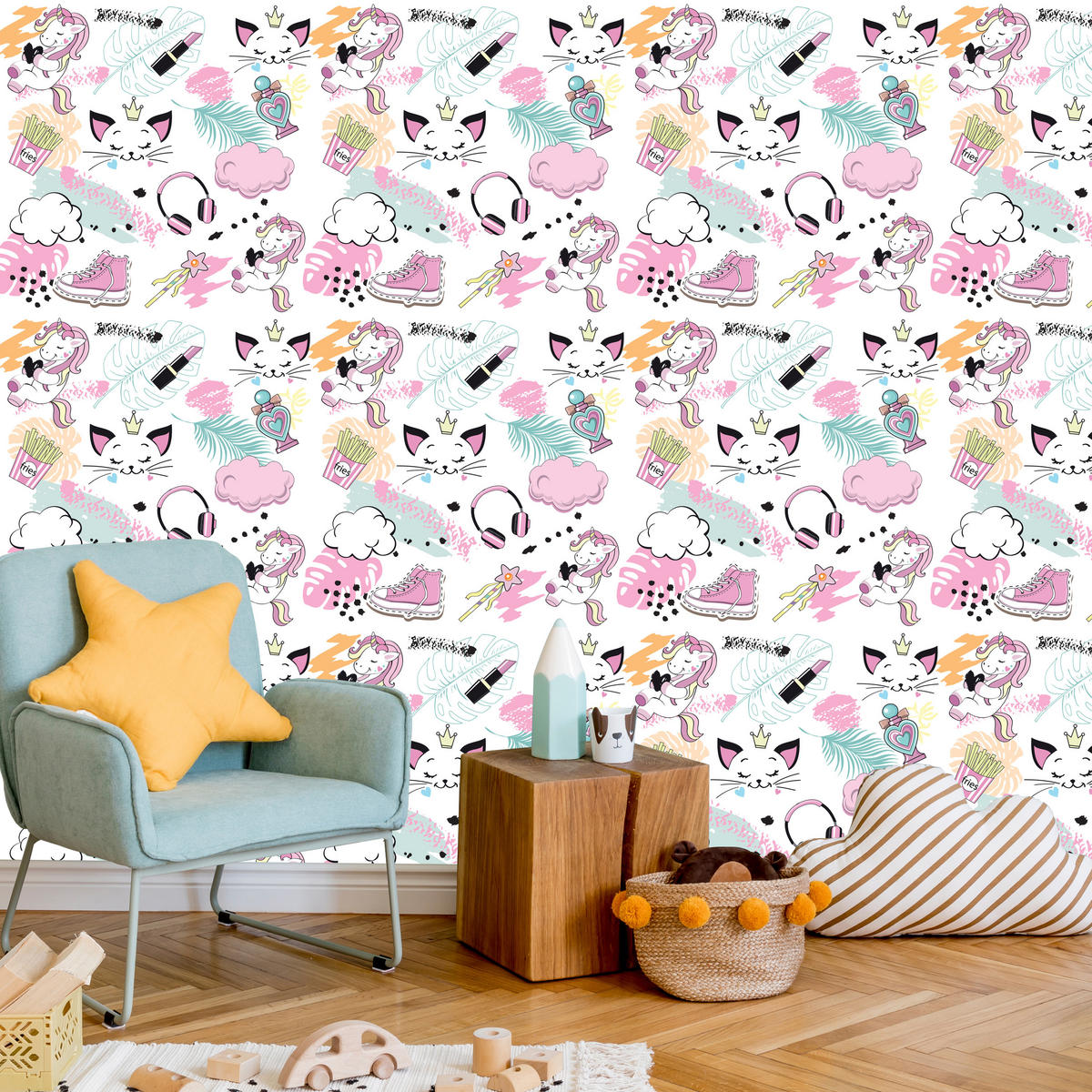 VLIESTAPETE Einhörner und Katzen – Rosa, Mint, Weiß – 50x1000 cm - Rosa/Weiß, Papier (50/1000cm) - Muralo