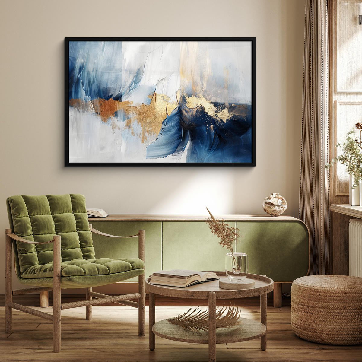 POSTER MIT RAHMEN Gold - Blau - Aquarell - Kunst - Modern 120x80 cm - Hellblau, Papier (120/80cm) - MuchoWow