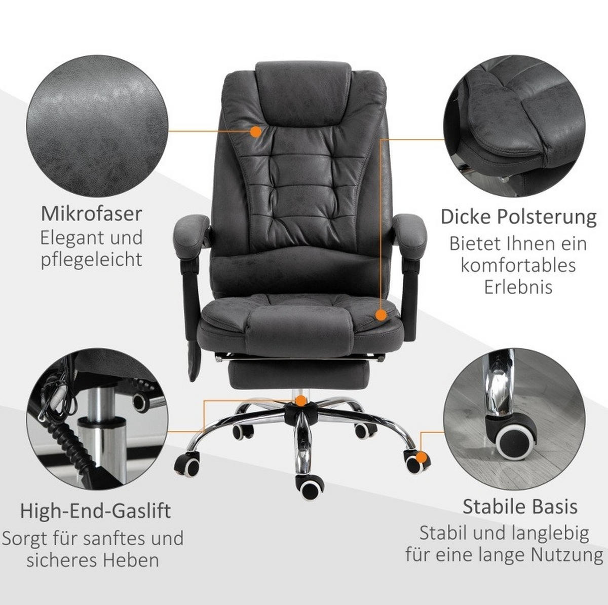 DREHSTUHL 70/65/111-119 cm dunkelgrau aus Polyester mit Massagefunktion und Fußstütze - Dunkelgrau, Kunststoff (70/119/65cm) - OKWISH