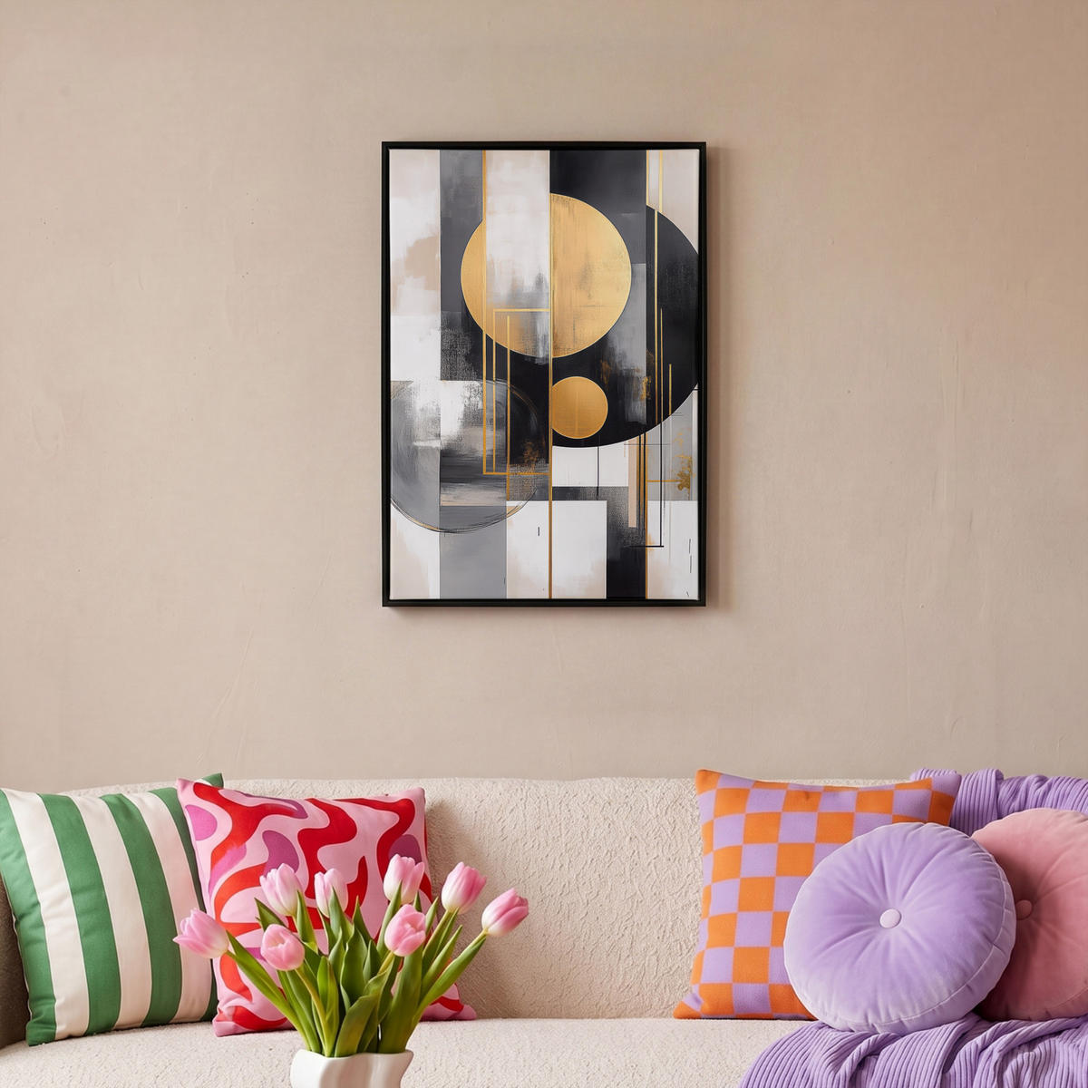LEINWAND Bilder mit Rahmen - Abstrakt - Gold - Silber - Formen - Ästhetisch - Modern - 40x60 - Goldfarben, Textil (40/60cm) - MuchoWow