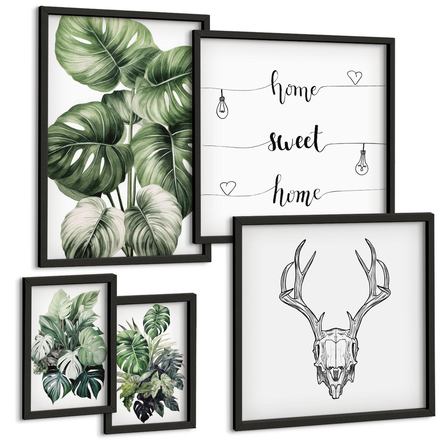 BILDER SET 5er Set - 50x50 cm & 20x30 cm & 40x60 cm Schwarzer Rahmen - Ausblicke auf Berge, Flüsse und Wasserfälle - Schwarz, Kunststoff (40/60cm) - TULUP