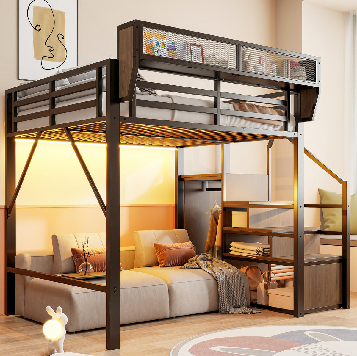 HOCHBETT 140/200 cm Schwarz mit LED und Sicherheitsleiter ohne Matratze - Schwarz, Metall (140/200cm) - MIVRAY