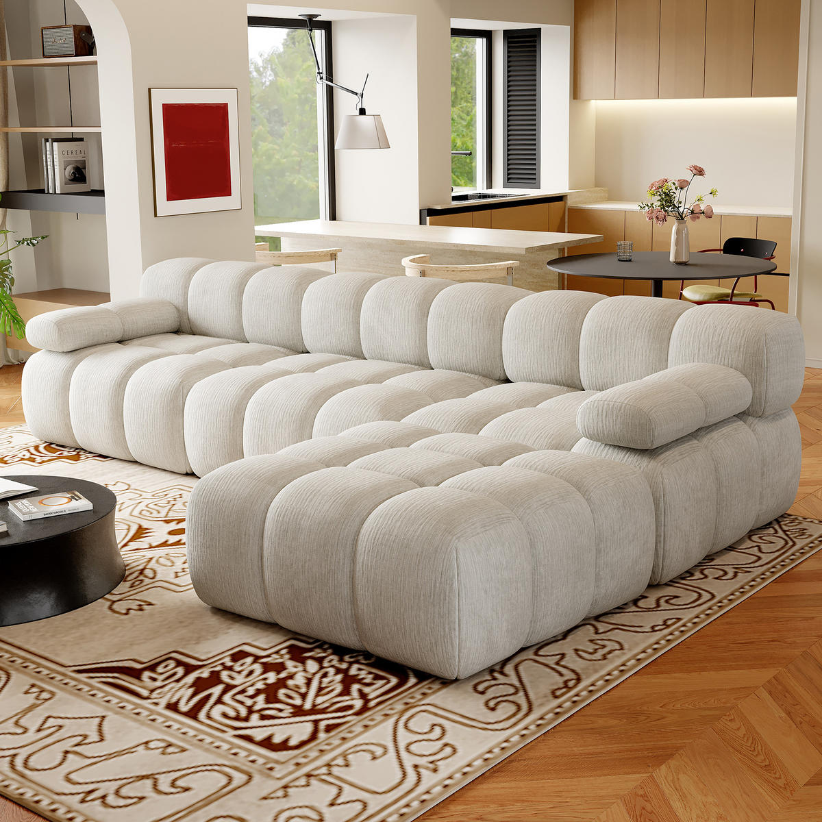 ECKSOFA 300/200/68 cm Weiß Stoff mit 1 Fußhocker - Weiß, Textil (200/300cm) - Oxeza