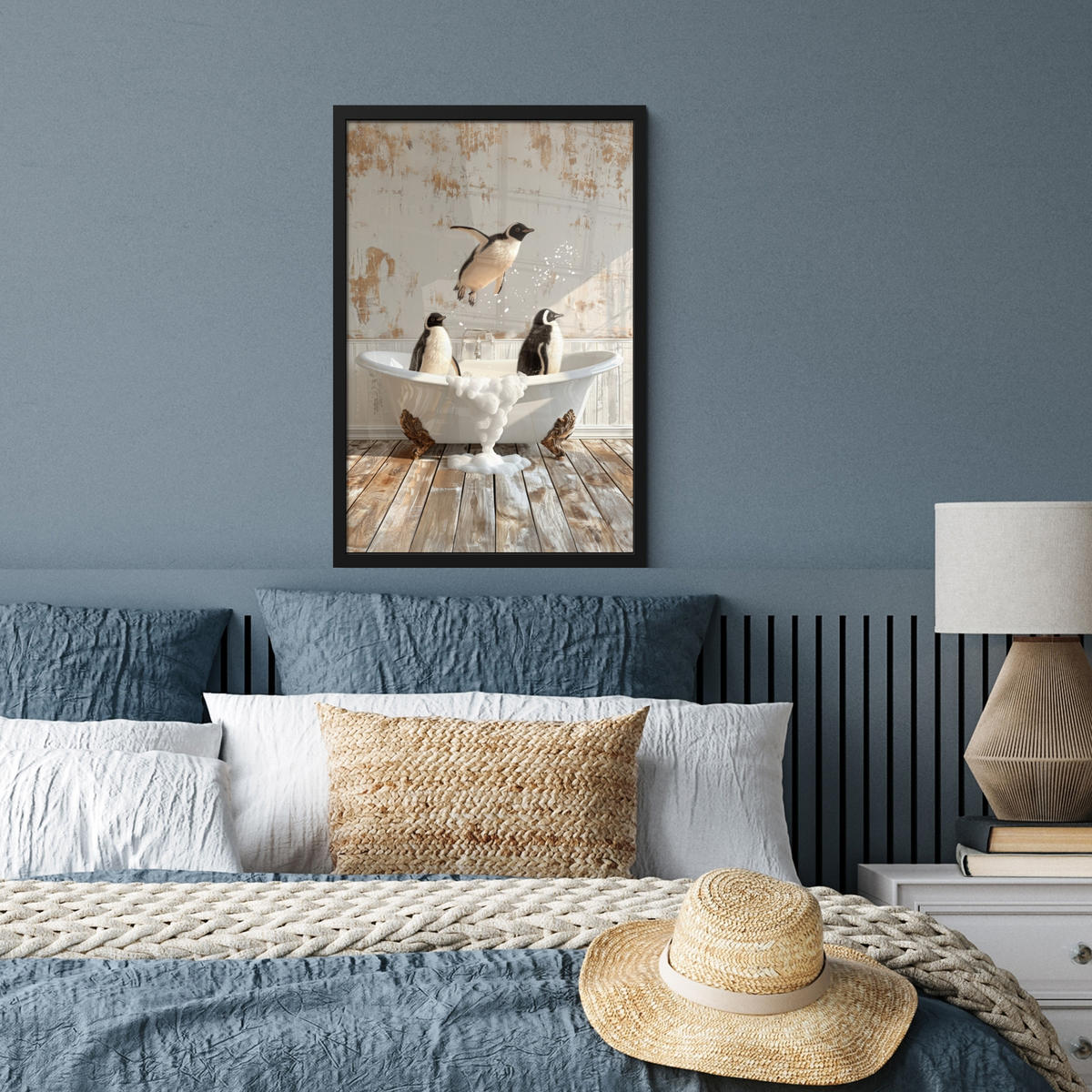 GERAHMTES BILD Vintage - Pinguin - Badewanne - Schaumstoff 40x60 cm - Schwarz, Papier (40/60cm) - MuchoWow