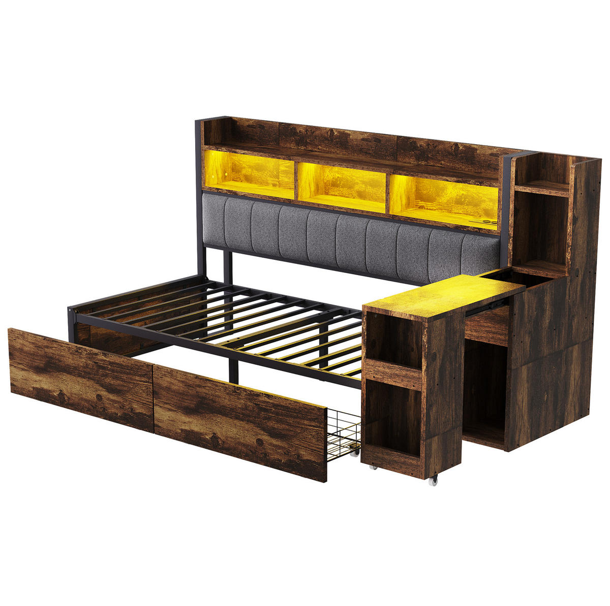 MULTIFUNKTIONSBETT aus Metall und Holz 90x200 cm Naturholzfarben mit Schreibtisch, Steckdosen, LED und Stauraum - Naturfarben, Metall (90/200cm) - Modfu