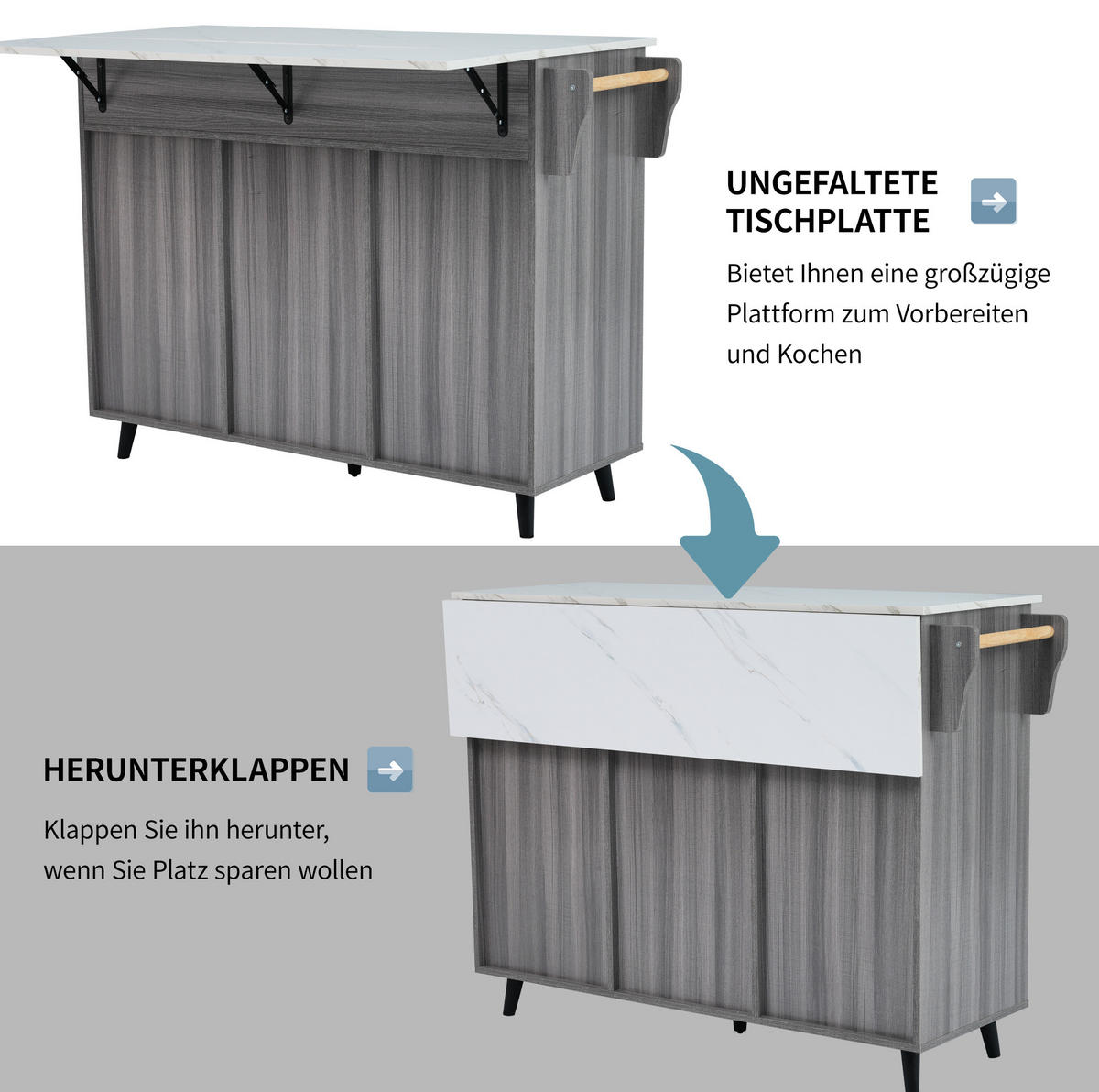 KÜCHENINSEL 129/71/91,5 cm Grau/Weiß aus MDF mit klappbarer Tischplatte - Grau, Holzwerkstoff (46/91.5/129cm) - OKMYHOME