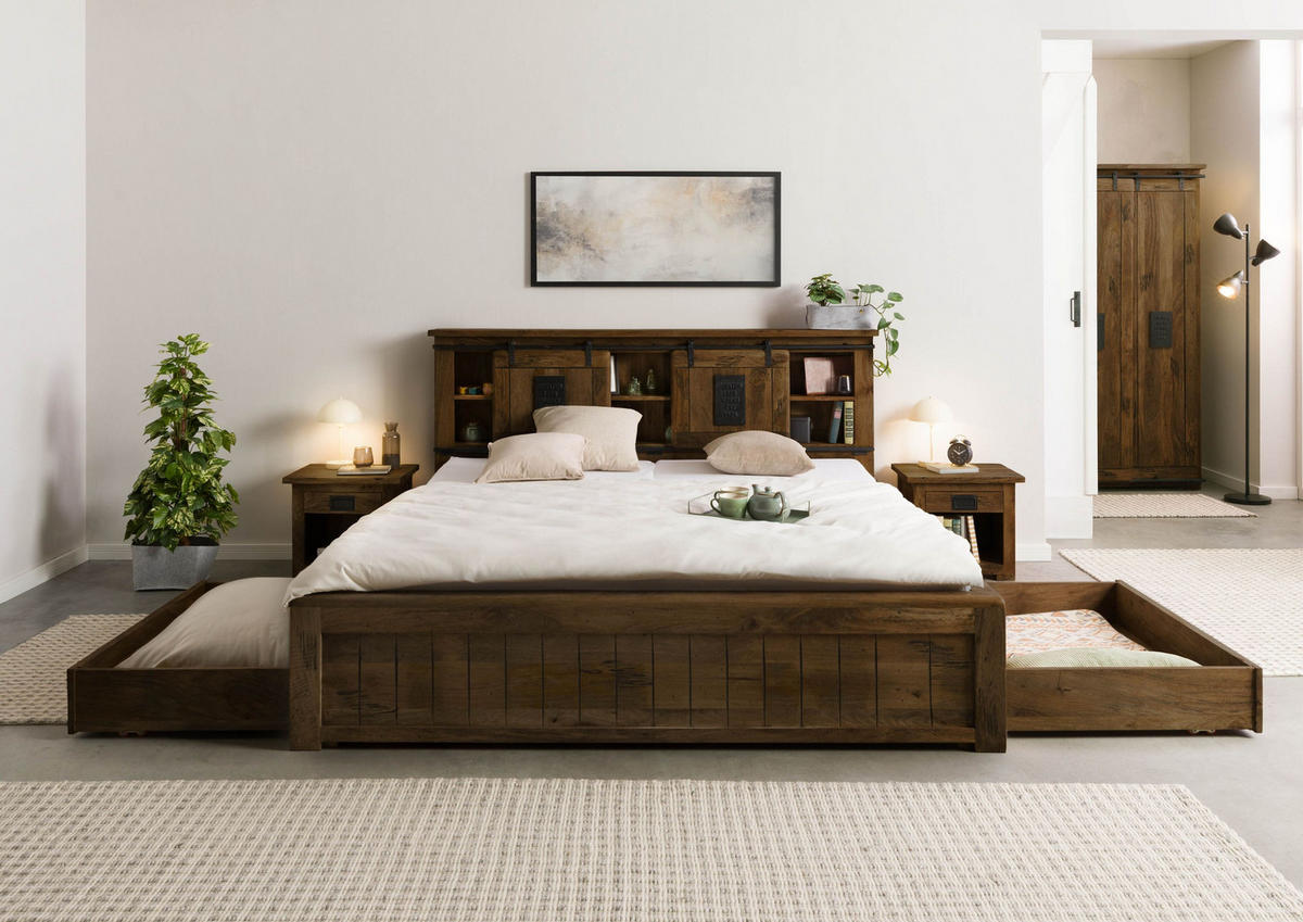 HOLZBETT mit Schublade Mango 180x200 braun lackiert RAILWAY #472 - Braun, Holz (180/200cm) - Massivmoebel24