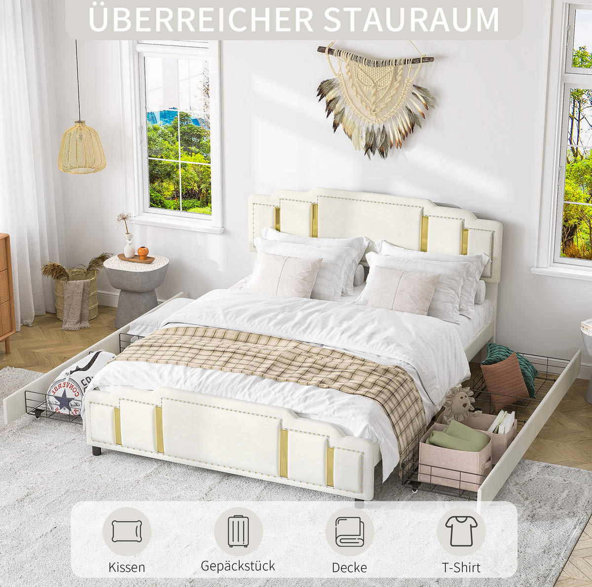 ČALOUNĚNÁ postel 140/200 cm s LED osvětlením a 4 zásuvkami, sametový potah se zlatými detaily, Béžová - béžová, textil (140/200cm) - Redom
