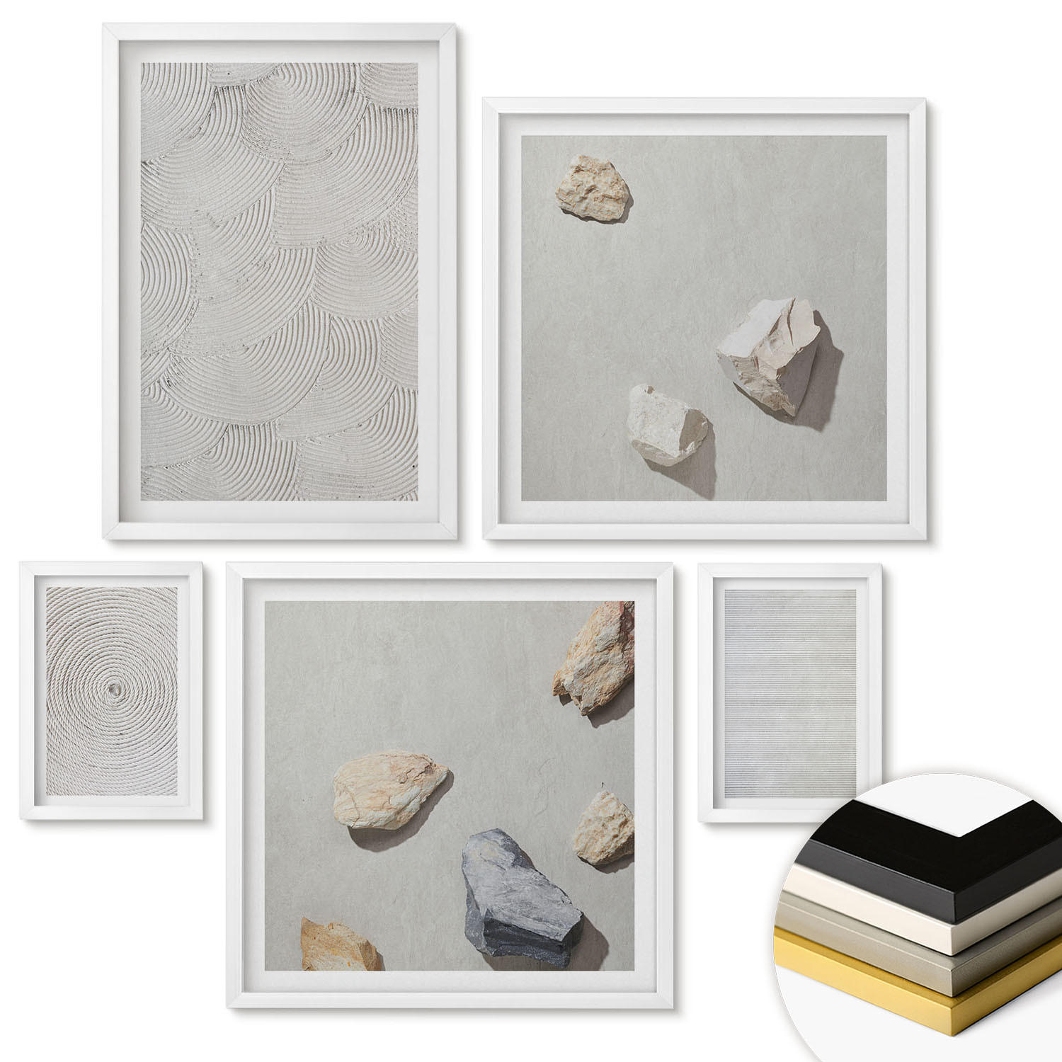 WANDBILDER 5er-Set - 50x50 cm & 20x30 cm & 40x60 cm Weißer Rahmen - Geometrische Pappsteine - Weiß, Kunststoff (40/60cm) - ArtPrintCave