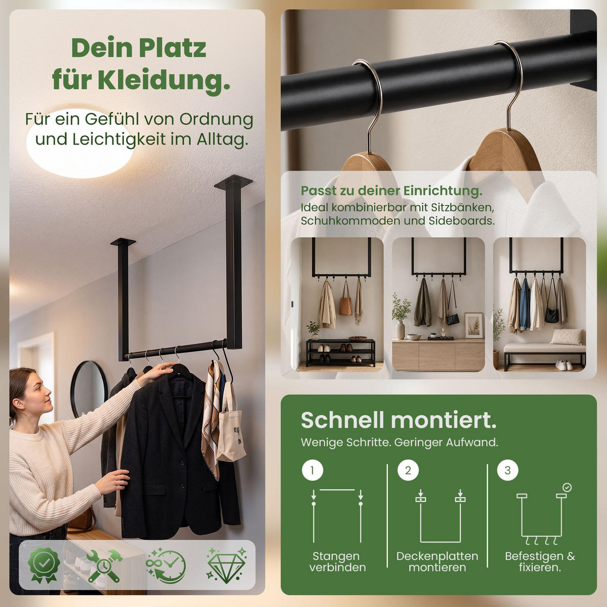 KLEIDERSTANGE 150x38x120 cm-edelstahl-Metall - Schwarz, Metall (7cm) - CLP