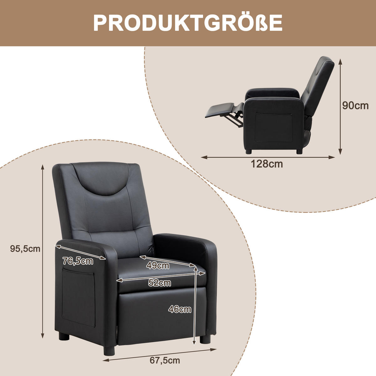 RELAXSESSEL PU mit verstellbarer Rückenlehne, klappbarer Fußstütze 76,5/67,5/95,5 cm Schwarz - Schwarz, Kunststoff (67.5/95.5/76.5cm) - Redom