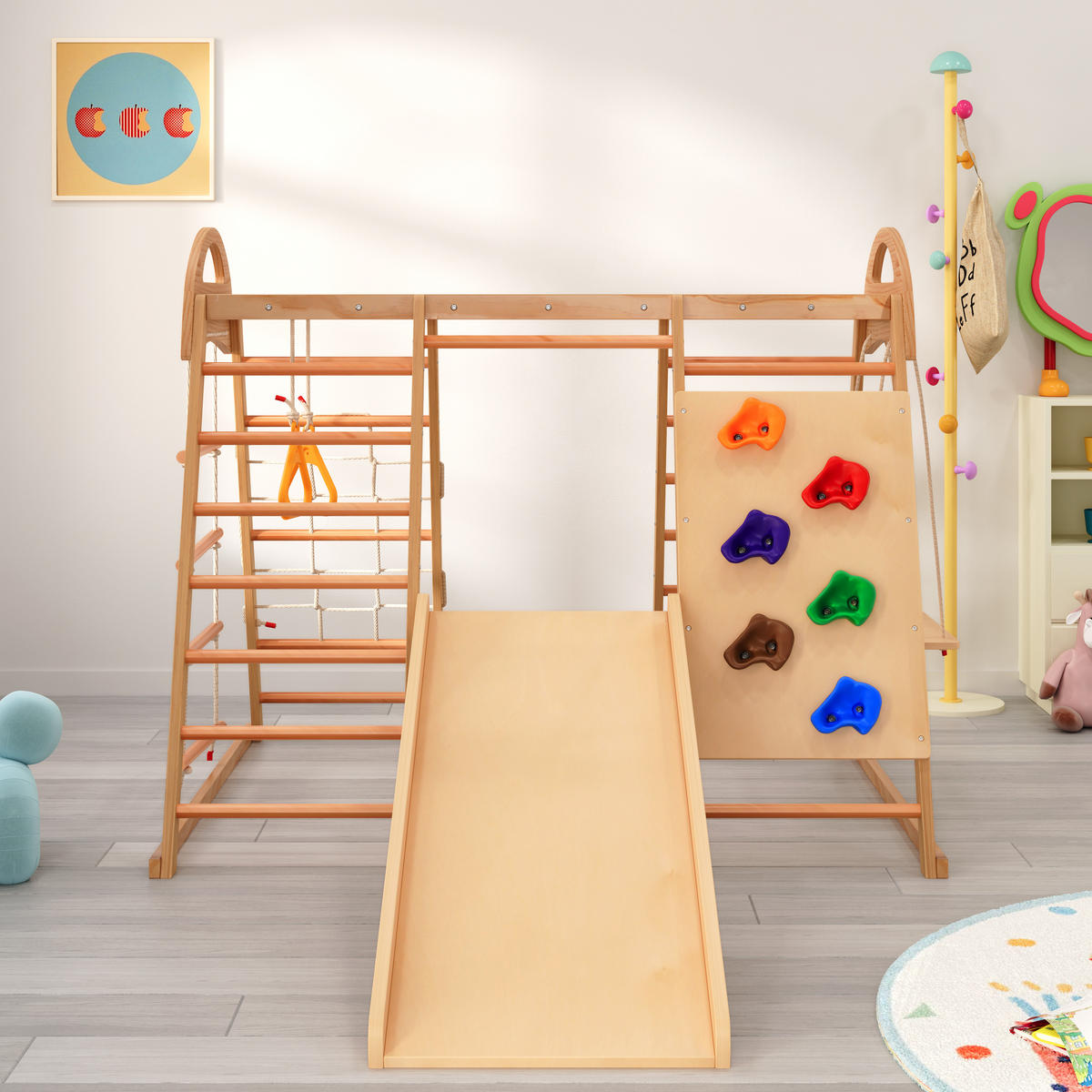 KLETTERGERÜST 7-in-1 Holz Schaukel Rutsche Kletterwand Netz modern - Naturfarben, Holz (120/134cm) - FLIEKS