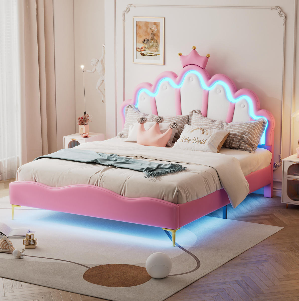 KINDERBETT Polsterbett 140/200 cm aus PU-Kunstleder mit LED-Beleuchtung Rosa - Rosa, Kunststoff (140/200cm) - Modenvie
