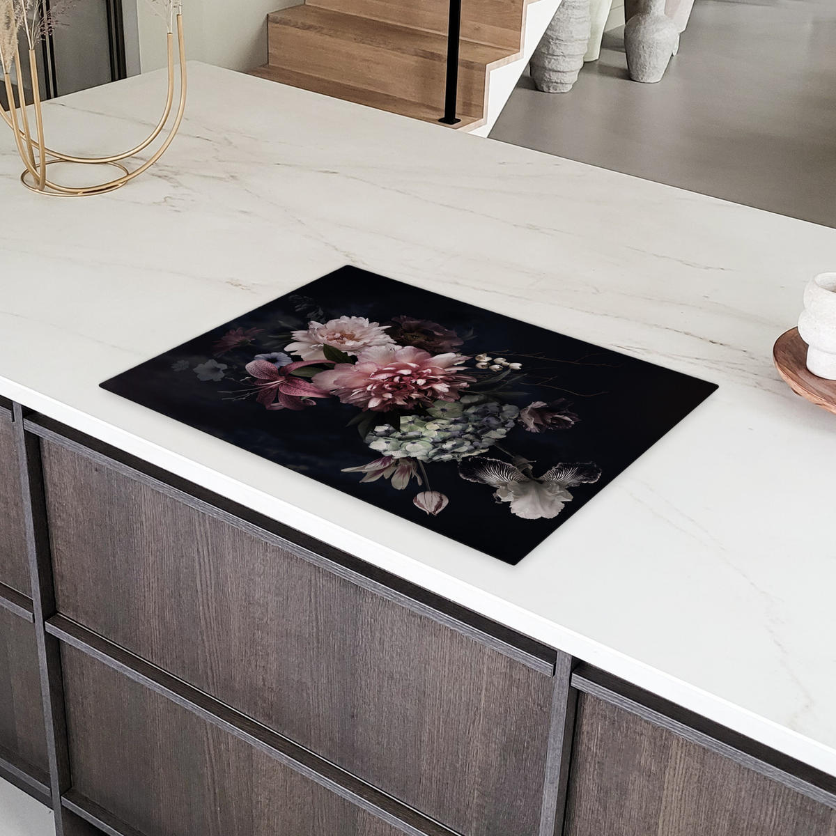 HERDABDECKPLATTE Blumen - Vintage - Pastell - Rosa - Weiß 75x52 cm - Altrosa, Kunststoff (75/52/0.2cm) - MuchoWow