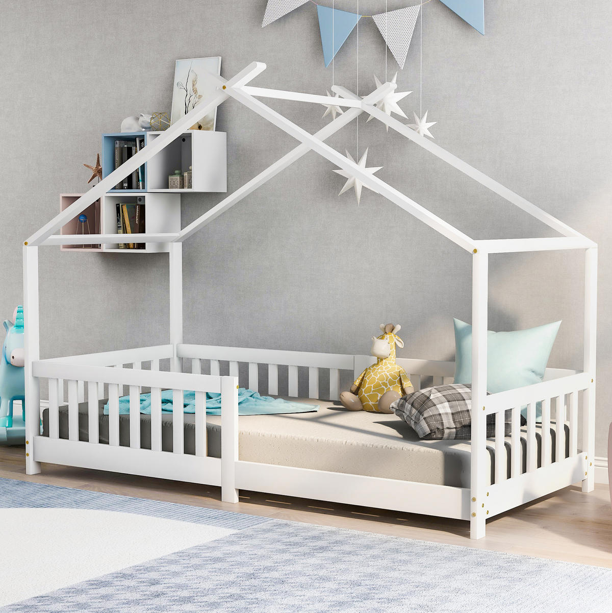 KINDERBETT 90/200 cm weiß aus Kiefernholz mit Schutzzaun - Weiß, Holzwerkstoff (90/200cm) - OKWISH