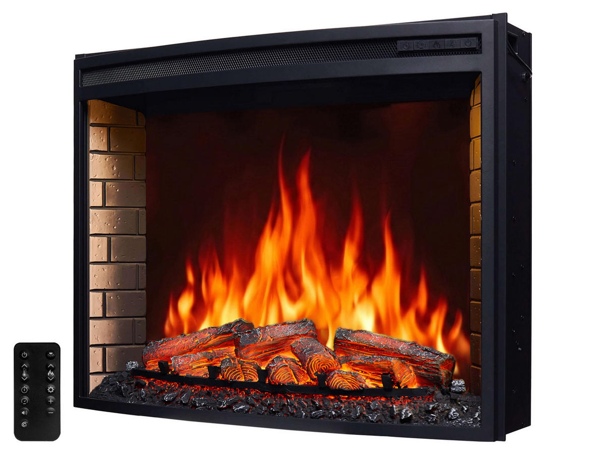 EINBAU-ELEKTROKAMINEINSATZ AF33 – gebogene Scheibe, Breite ≈ 85 cm, 3D-Flammeneffekt, LED-Bleuchtung, Heizfunktion - Schwarz, Glas/Metall (86.6/67.6/86.6cm) - ArtiFlame