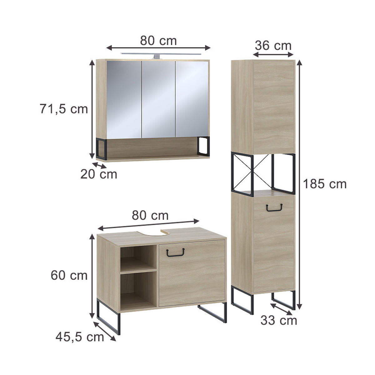 BADMÖBEL-SET Vionna Eiche/Schwarz 3 Teile - Eichefarben/Schwarz, Holzwerkstoff (80/60/45.5cm) - Vicco