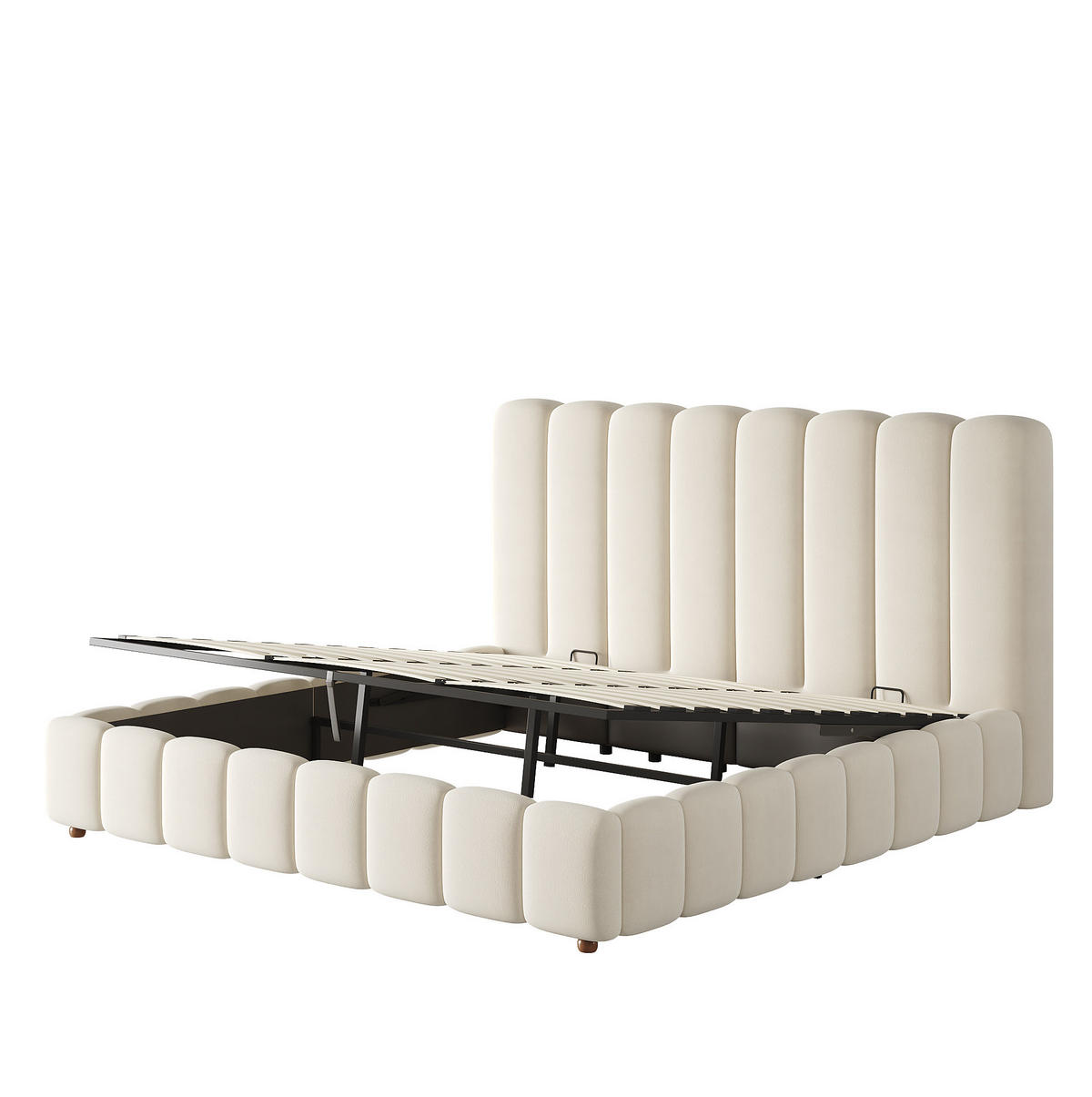 POLSTERBETT aus Samt 180x200 cm Beige mit hydraulischem Bettkasten und Lattenrost - Beige, Textil (180/200cm) - Modfu
