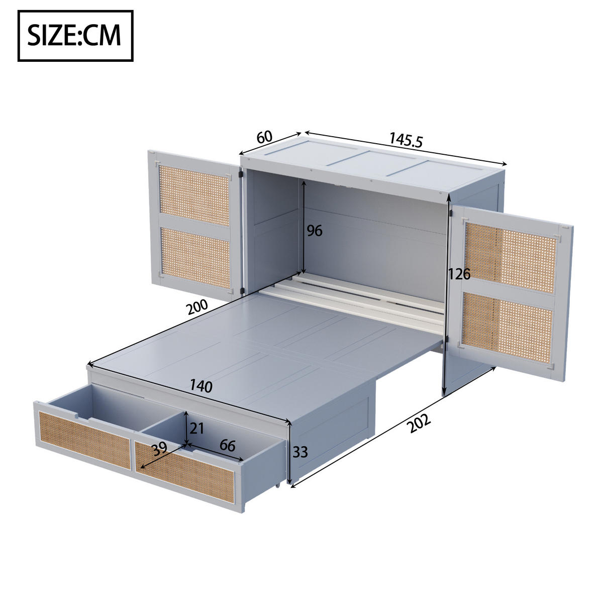 SCHRANKBETT 140/200 cm grau mit Stauraumschubladen im Rattan-Design - Grau, Holz (140/200cm) - OKWISH
