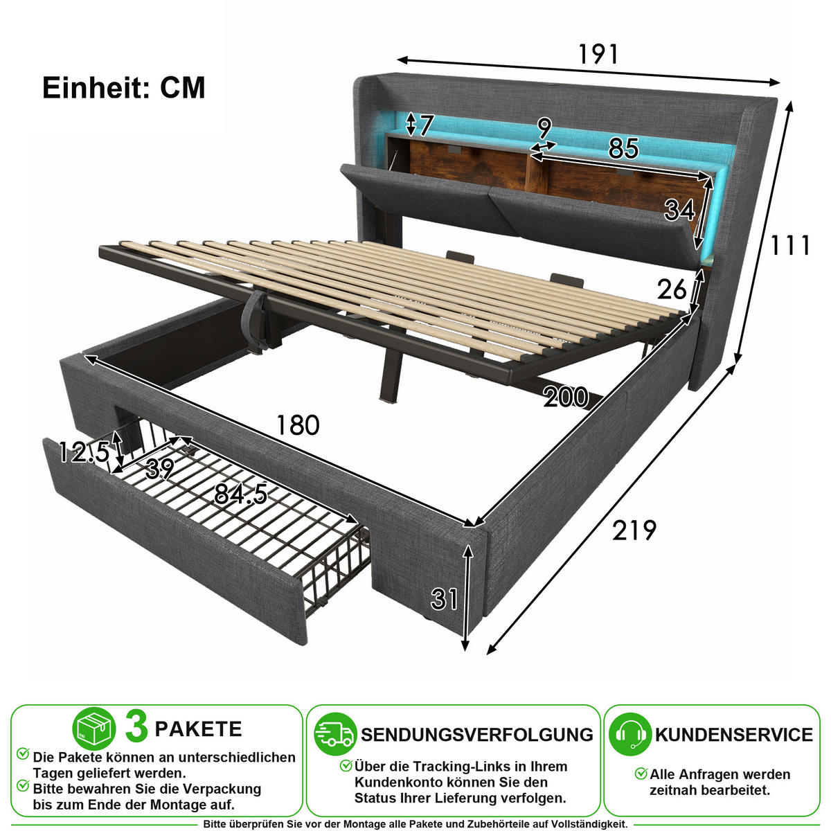 POLSTERBETT 180/200 cm in Grau Leinen mit Bettkasten, LED und USB - Grau, Holzwerkstoff/Textil (180/200cm) - CHICFURN