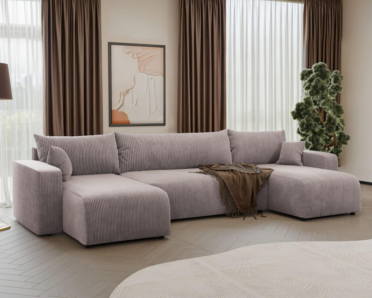 WOHNLANDSCHAFT Pianoni Beige Cordbezug - Beige/Schwarz, Kunststoff/Textil (312/83/140cm) - Selsey