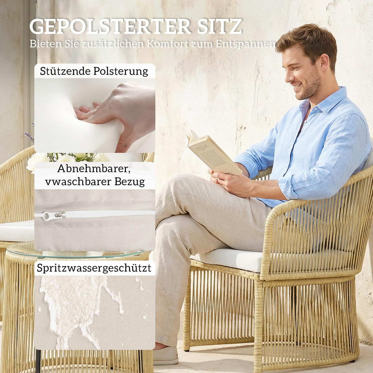 RATTAN-BISTRO-SET PE-Rattan Cremeweiß - Transparent/Creme, Kunststoff/Textil - Outsunny