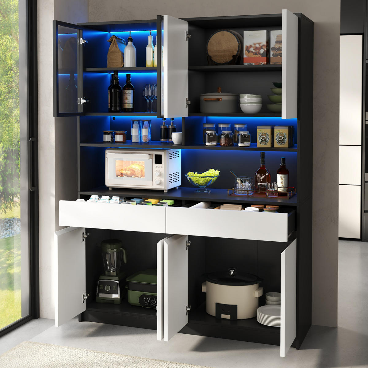 BUFFET Hochschrank mit LED-Glasfach, offenen Ablagen und App-Steuerung - Weiß, Holzwerkstoff (38/160/120cm) - Korfee