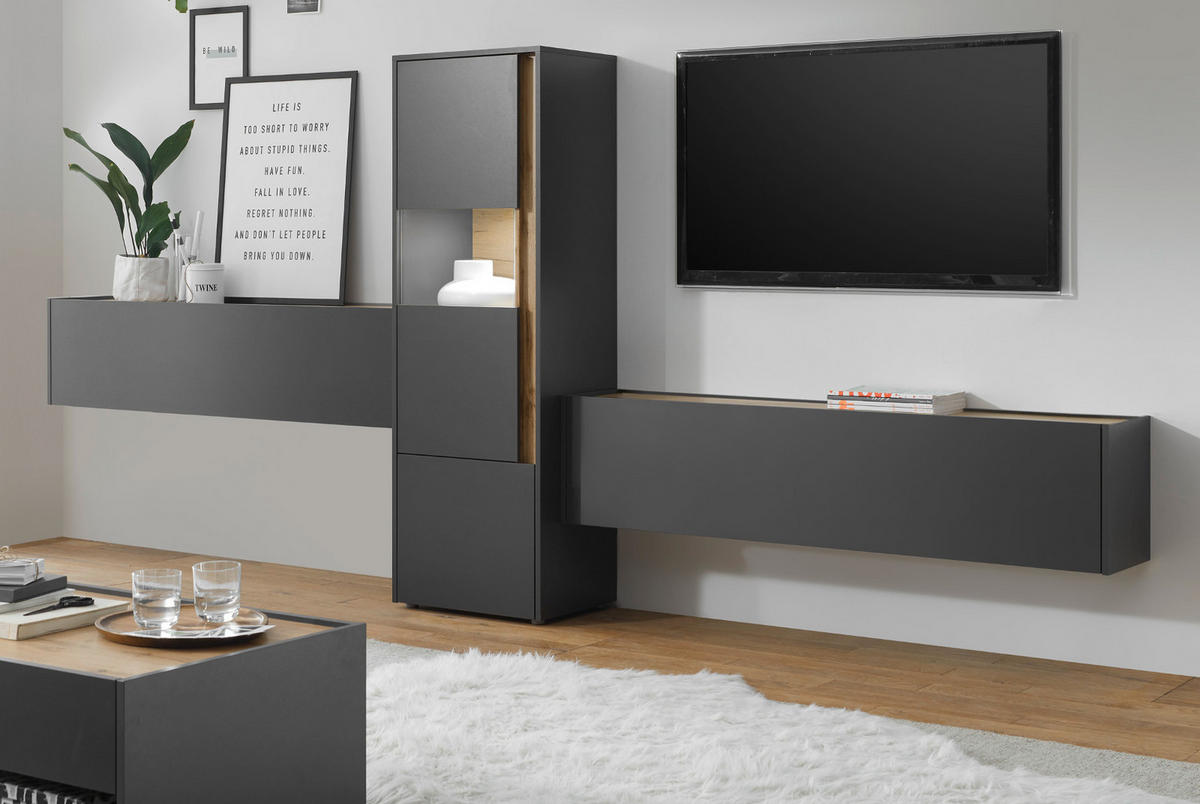 WOHNWAND 3-teilig grau matt, Eiche Wotan 350 cm, Wohnkombination mit viel Stauraum - Eiche Wotan/Grau, Glas/Holz (350/155/40cm) - Furn.Design