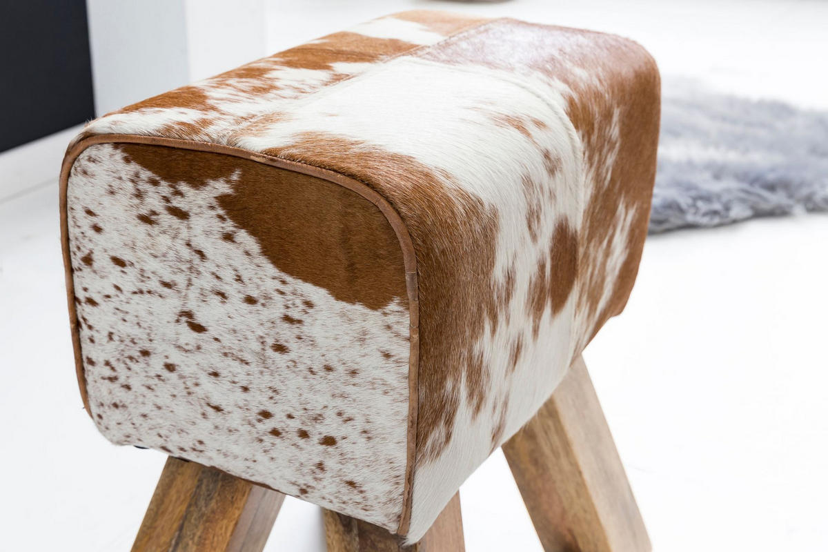 SITZHOCKER Retro Landhaus Holzbeine, Beige-Braun 40x30x47 cm - Beige/Braun, Mangoholz/Leder (40/47/30cm) - KADIMA DESIGN