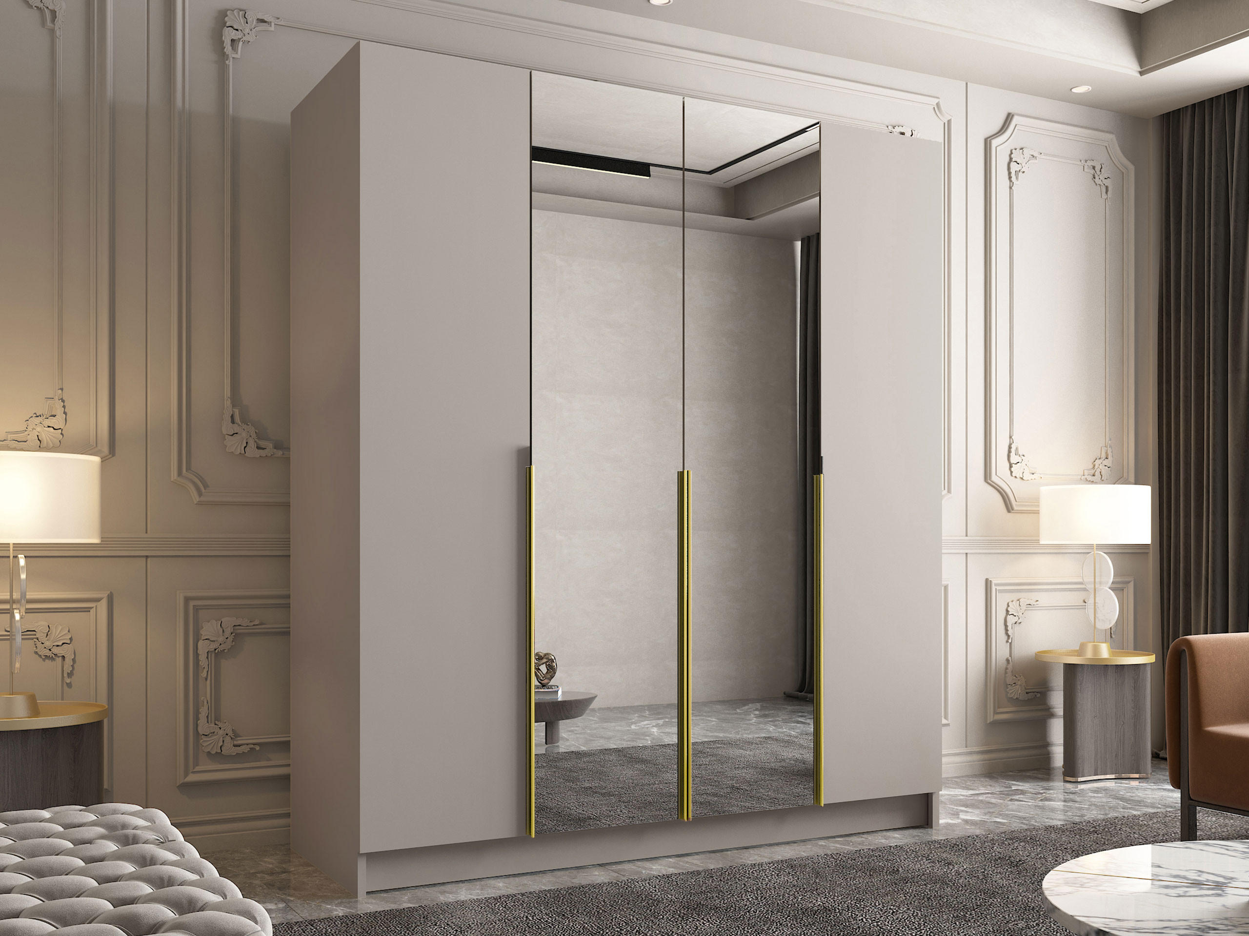 KLEIDERSCHRANK Santi II - Beige/Goldfarben, Holzwerkstoff/Metall (200/215/58cm) - MIRJAN24