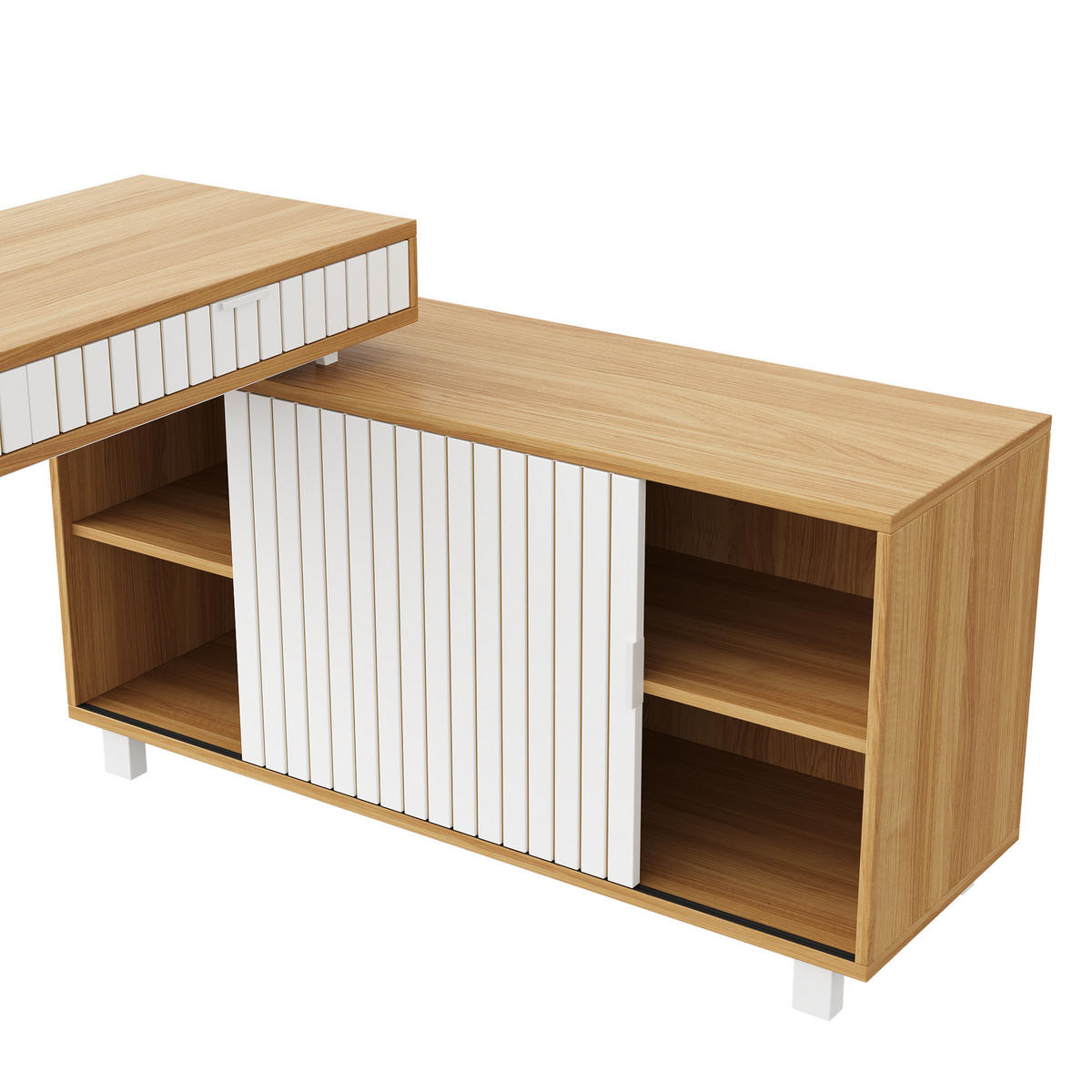 BÜROSCHREIBTISCH in natur & weiß, stahlgestell, rillen-design - Naturfarben, Holzwerkstoff (120/140/76.5cm) - Urban Meuble