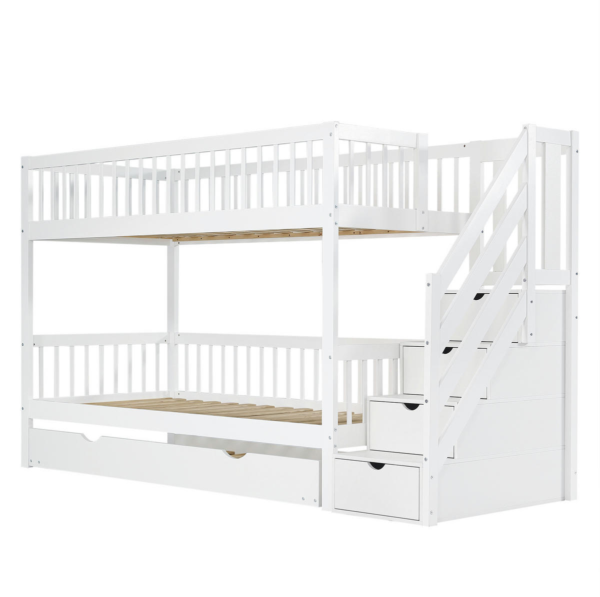 ETAGENBETT aus Kiefer und MDF 90x200/190 cm Weiß mit Rollbett, Leiterschrank und Rundum-Fallschutz - Weiß, Holzwerkstoff (90/200cm) - Modfu