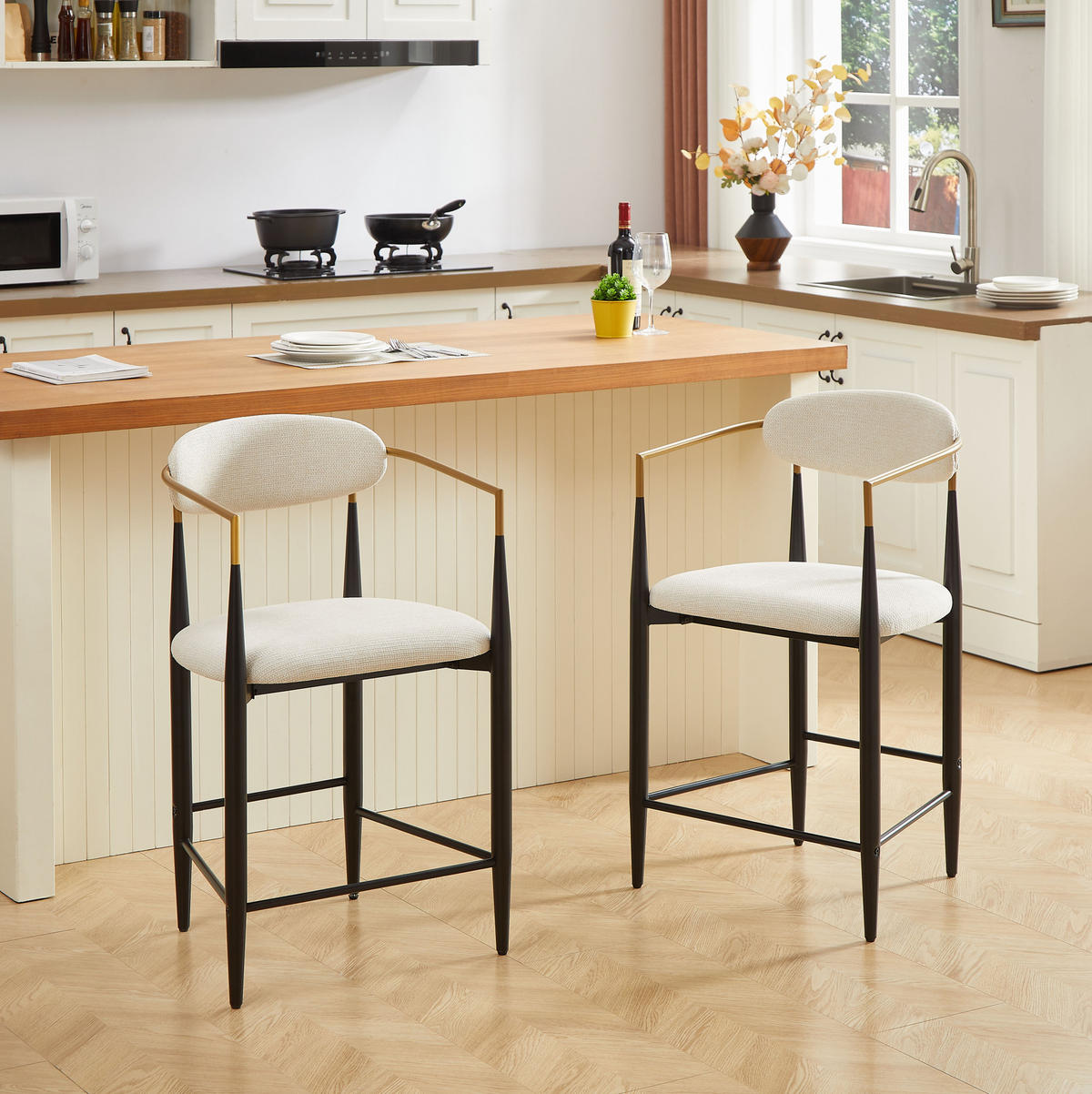 BARHOCKER 2er-Set Beige aus Stoff mit Armlehnen - Beige, Metall (56/23/109cm) - OKMYHOME
