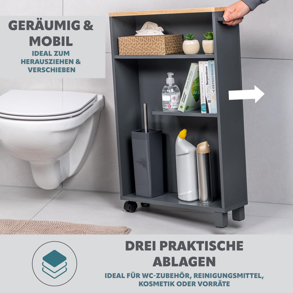 BAD-ROLLWAGEN, grau - Grau, Holz (50/79/15cm) - eluno