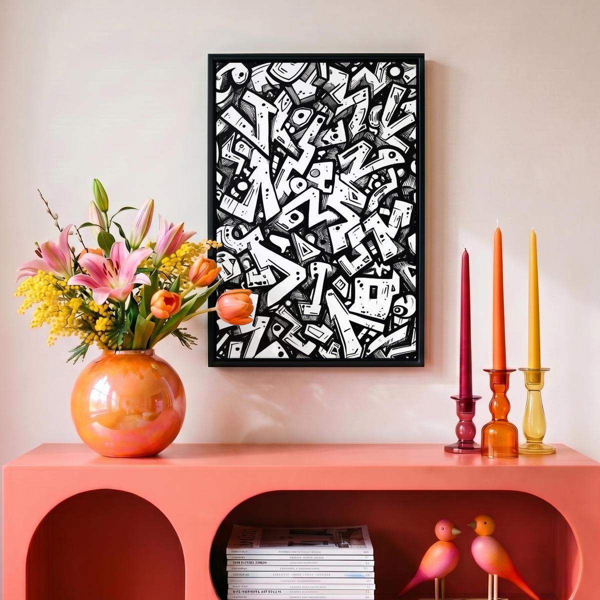 LEINWAND Bilder mit Rahmen - Formen - Buchstaben - Graffiti - Schwarz - 20x30 - Schwarz, Textil (20/30cm) - MuchoWow