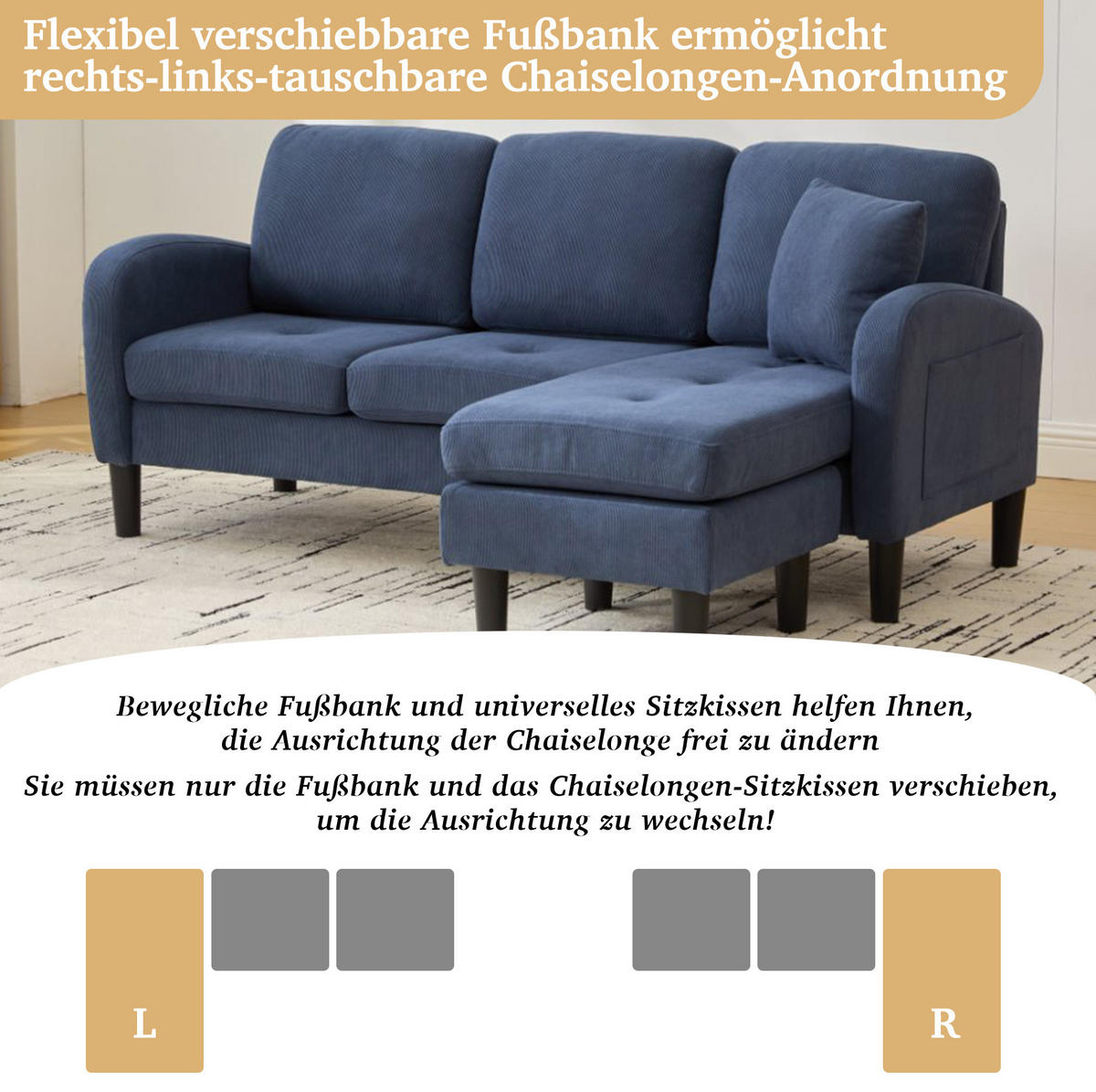 ECKSOFA modular mit Chaiselongue 166 x 118 x 77 cm Cord Blau - Blau, Kunststoff (166/118cm) - IVMEU