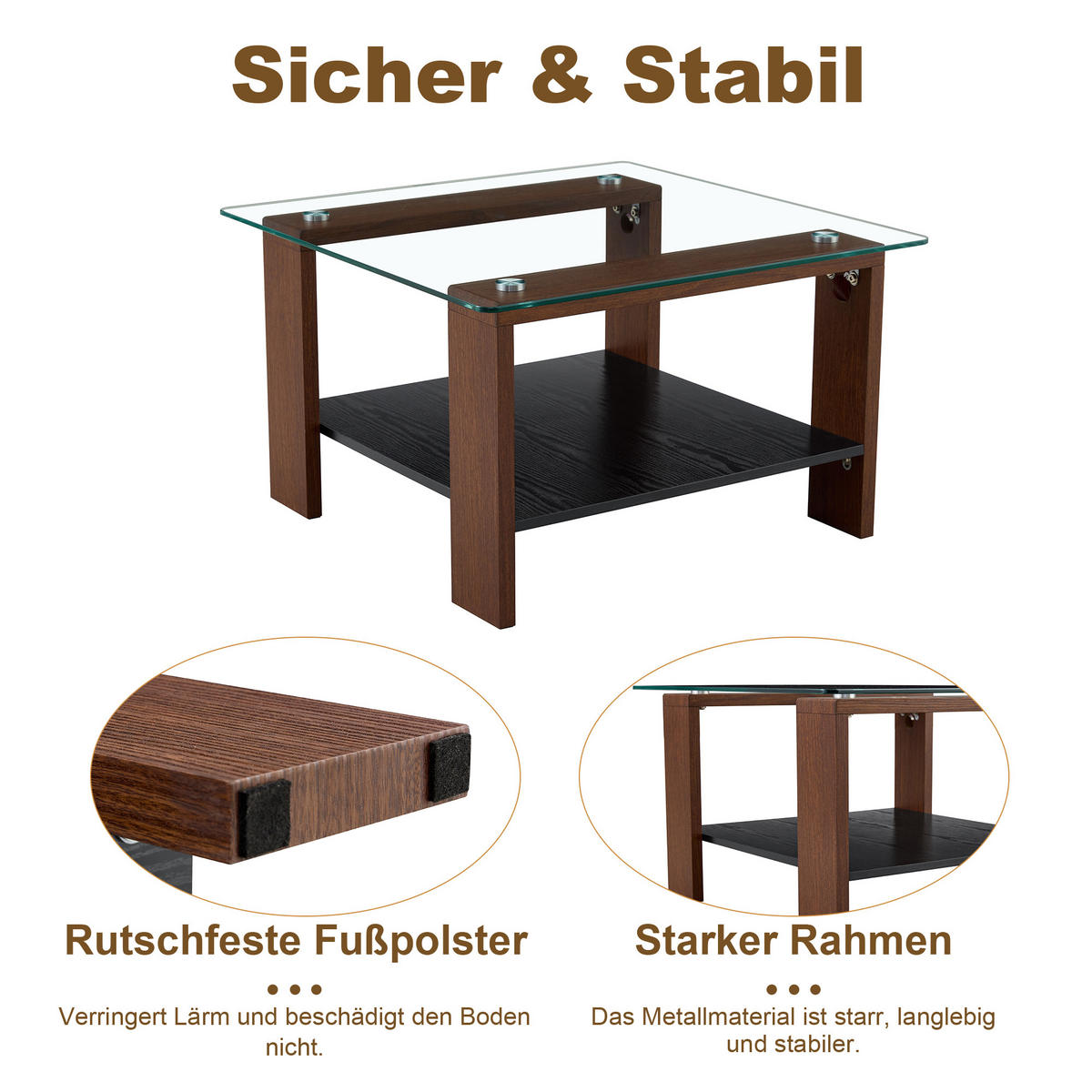 COUCHTISCH DE-37380 rechteckig mit Glasplatte Walnuss - Walnussfarben, Holzwerkstoff (75/75/45.5cm) - ComfortXL