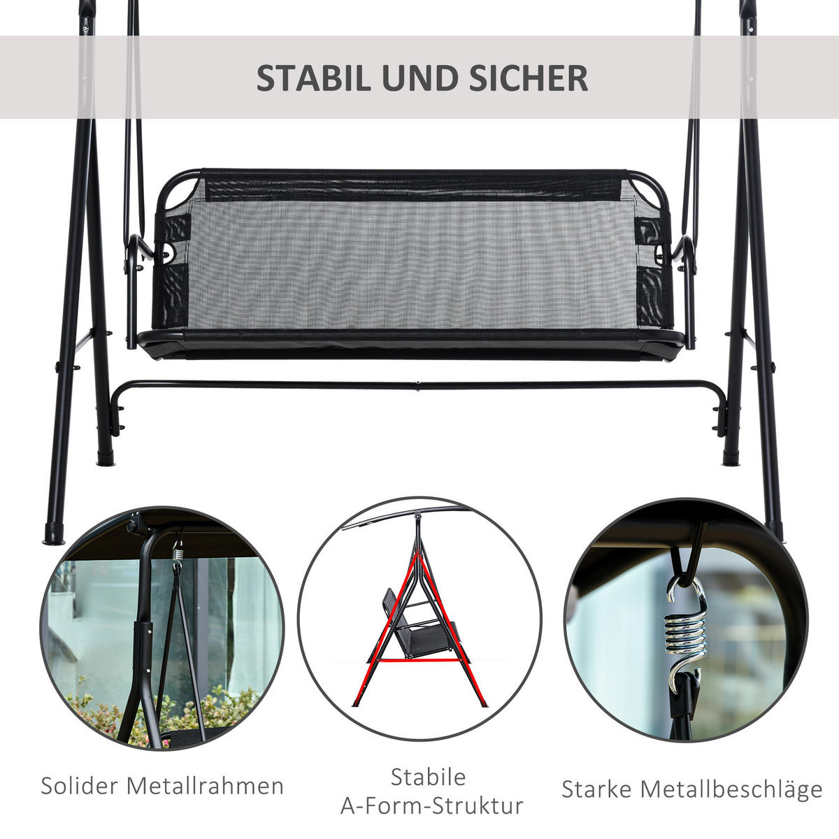 HOLLYWOODSCHAUKEL, UV-beständig, Metallrohr, winkeleinstellbar, Schwarz - Schwarz, Metall (110/155/172cm) - Outsunny