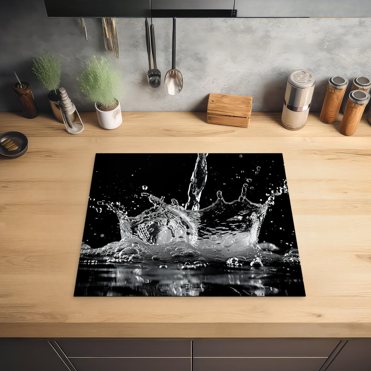 HERDABDECKPLATTE Wasser - Spritzwasser - Schwarz Herdabdeckung Induktionsfeld 60x52 cm - Schwarz, Kunststoff (60/52/0.2cm) - MuchoWow