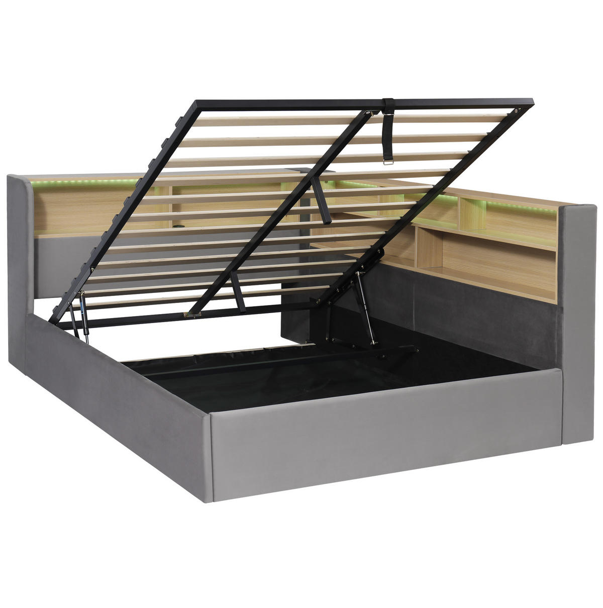 TAGESBETT aus Samt 140x190 cm Grau mit hydraulischem Stauraum, LED-Beleuchtung und USB-C-Anschluss - Grau, Textil (140/190cm) - Modfu